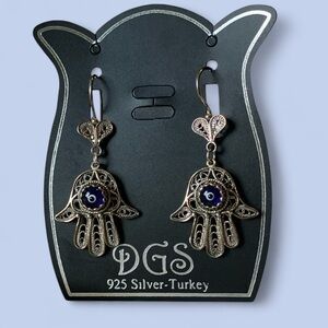 925 Turkish Silver Fatima Hand Evil Eye Filigree Silver Protective Earrings